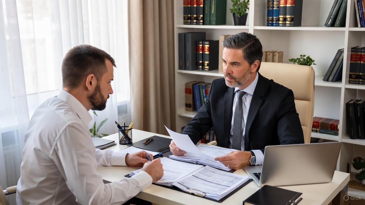 Attorney consulting with client on medical malpractice case, reviewing records and documents in a modern office to discuss standard of care and negligence